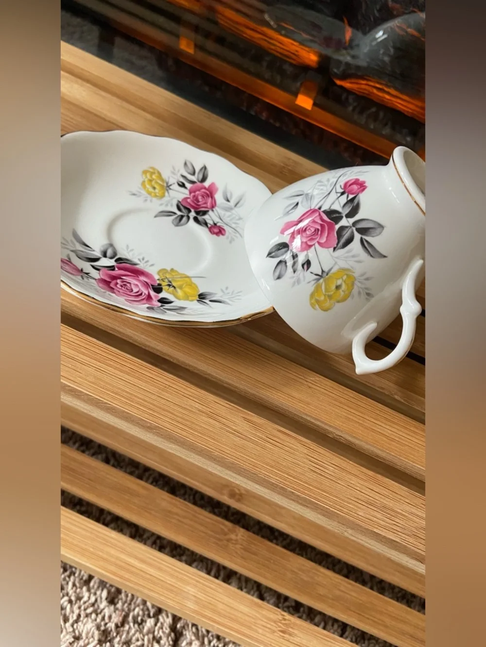 Royal Vale Fine Bone China Tea Cup & Saucer with Pink & Yellow Floral- Beautiful